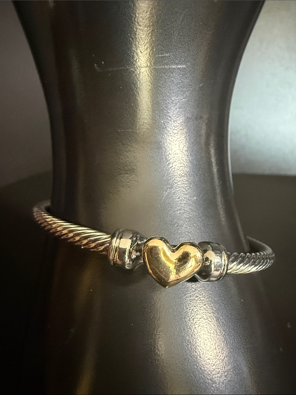 Two-Tone Heart Cable Bangle Bracelet - Gold & Silver